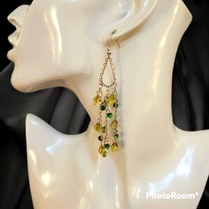 3/$30 1990s Long Yellow Green Beaded Teardrop Chandalier Earrings